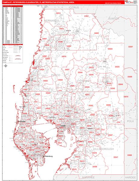 Tampa-St Petersburg-Clearwater Metro Area Wall Map
